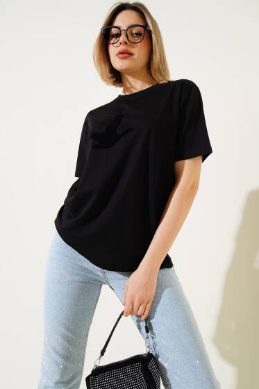 Önü Kuş Baskılı Basic T-shirt Siyah - Yeni Giyim