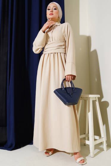 Önü Kuşak Bağlamalı Kloş Elbise Bej - Elbise