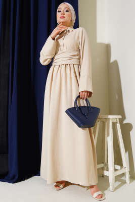 Önü Kuşak Bağlamalı Kloş Elbise Bej