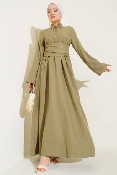 Önü Kuşak Bağlamalı Kloş Elbise Çağla Yeşili - Elbise