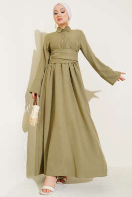 Önü Kuşak Bağlamalı Kloş Elbise Çağla Yeşili 