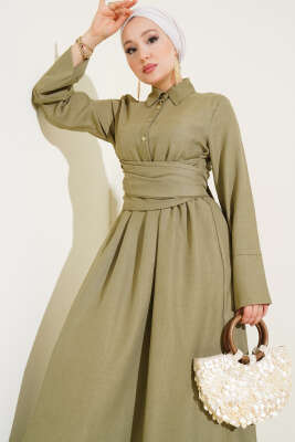 Önü Kuşak Bağlamalı Kloş Elbise Çağla Yeşili - Tesettür Elbise