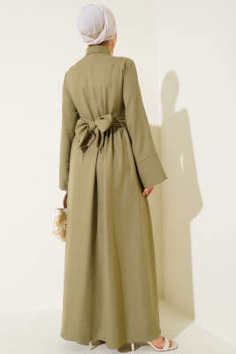 Önü Kuşak Bağlamalı Kloş Elbise Çağla Yeşili - Tesettür Elbise