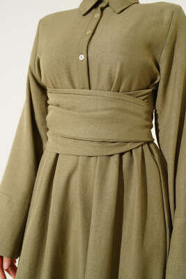 Önü Kuşak Bağlamalı Kloş Elbise Çağla Yeşili - Tesettür Elbise