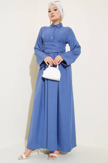 Önü Kuşak Bağlamalı Kloş Elbise Indıgo - Elbise