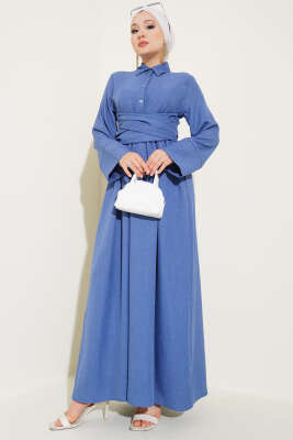 Önü Kuşak Bağlamalı Kloş Elbise Indıgo 