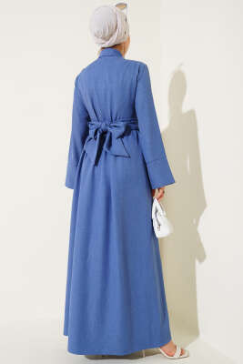 Önü Kuşak Bağlamalı Kloş Elbise Indıgo - Tesettür Elbise