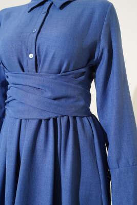 Önü Kuşak Bağlamalı Kloş Elbise Indıgo - Tesettür Elbise