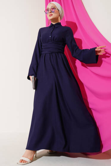 Önü Kuşak Bağlamalı Kloş Elbise Lacivert - Elbise