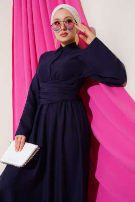 Önü Kuşak Bağlamalı Kloş Elbise Lacivert - Tesettür Elbise