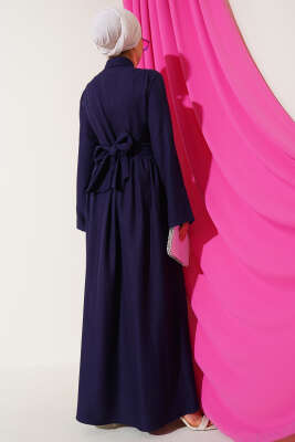 Önü Kuşak Bağlamalı Kloş Elbise Lacivert - Tesettür Elbise