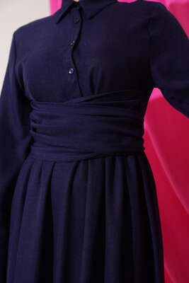 Önü Kuşak Bağlamalı Kloş Elbise Lacivert - Tesettür Elbise