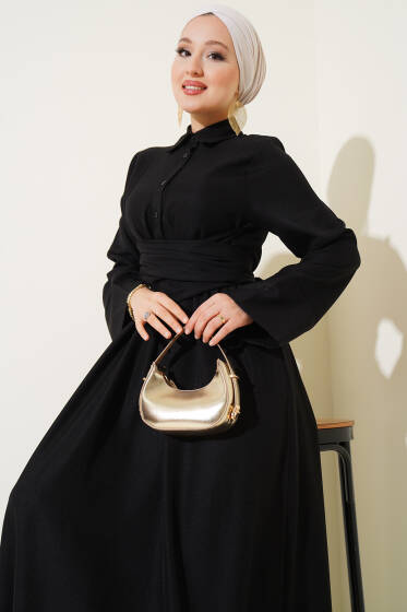 Önü Kuşak Bağlamalı Kloş Elbise Siyah - Elbise