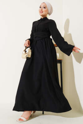 Önü Kuşak Bağlamalı Kloş Elbise Siyah - Tesettür Elbise