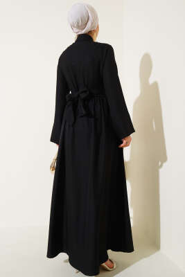 Önü Kuşak Bağlamalı Kloş Elbise Siyah - Tesettür Elbise