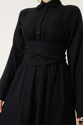 Önü Kuşak Bağlamalı Kloş Elbise Siyah - Tesettür Elbise