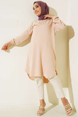 Önü Kuşgözü Yarı Pileli Tunik Bej 