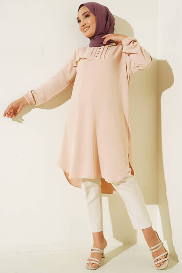 Önü Kuşgözü Yarı Pileli Tunik Bej - Tunik