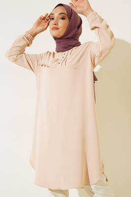 Önü Kuşgözü Yarı Pileli Tunik Bej - Tunik