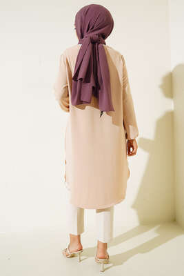 Önü Kuşgözü Yarı Pileli Tunik Bej - Tunik