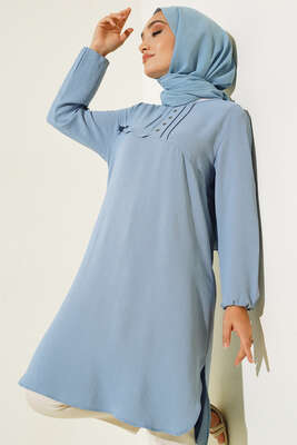 Önü Kuşgözü Yarı Pileli Tunik Buz Mavisi 