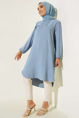 Önü Kuşgözü Yarı Pileli Tunik Buz Mavisi - Tunik