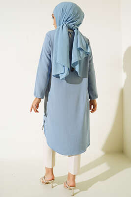 Önü Kuşgözü Yarı Pileli Tunik Buz Mavisi - Tunik