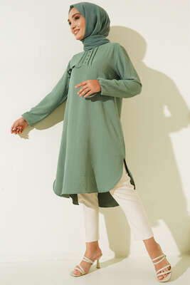 Önü Kuşgözü Yarı Pileli Tunik Çağla Yeşili 