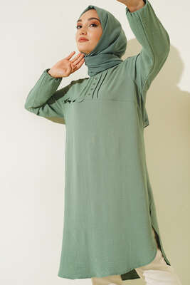 Önü Kuşgözü Yarı Pileli Tunik Çağla Yeşili - Tunik