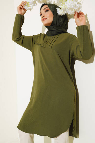 Önü Kuşgözü Yarı Pileli Tunik Haki - Tunik