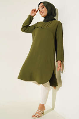 Önü Kuşgözü Yarı Pileli Tunik Haki - Tunik