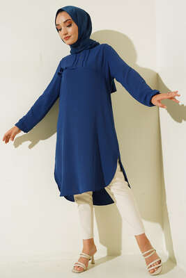 Önü Kuşgözü Yarı Pileli Tunik İndigo 
