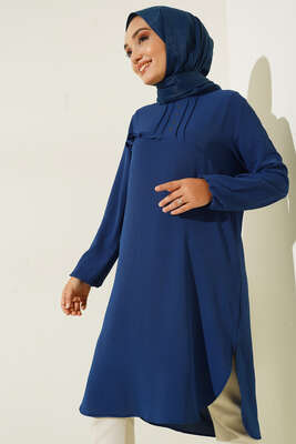 Önü Kuşgözü Yarı Pileli Tunik İndigo - Tunik