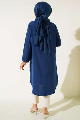 Önü Kuşgözü Yarı Pileli Tunik İndigo - Tunik