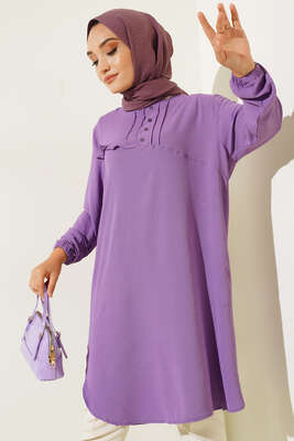 Önü Kuşgözü Yarı Pileli Tunik Lila 