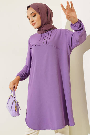 Önü Kuşgözü Yarı Pileli Tunik Lila - Tunik