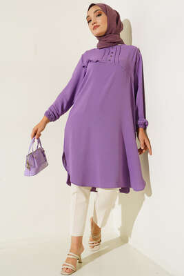 Önü Kuşgözü Yarı Pileli Tunik Lila - Tunik