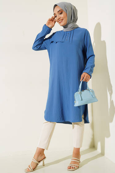 Önü Kuşgözü Yarı Pileli Tunik Mavi - Tunik