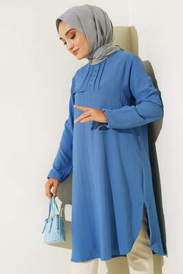 Önü Kuşgözü Yarı Pileli Tunik Mavi - Tunik