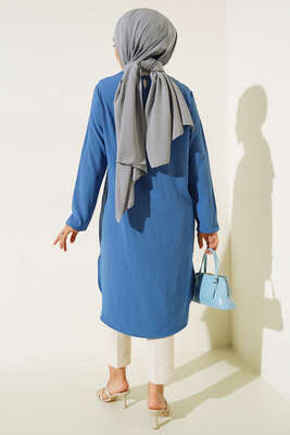 Önü Kuşgözü Yarı Pileli Tunik Mavi - Tunik