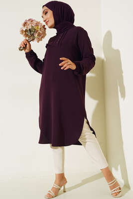 Önü Kuşgözü Yarı Pileli Tunik Mor 