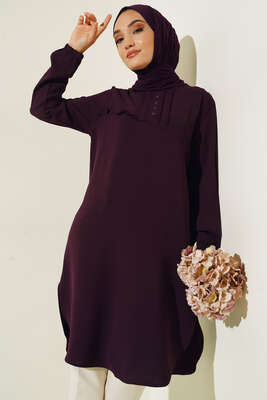 Önü Kuşgözü Yarı Pileli Tunik Mor - Tunik