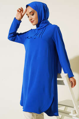 Önü Kuşgözü Yarı Pileli Tunik Saks 