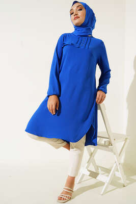 Önü Kuşgözü Yarı Pileli Tunik Saks - Tunik