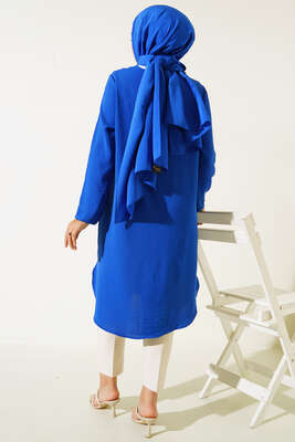 Önü Kuşgözü Yarı Pileli Tunik Saks - Tunik