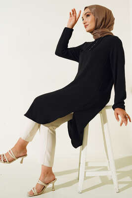 Önü Kuşgözü Yarı Pileli Tunik Siyah 