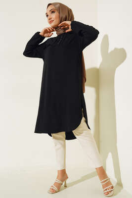 Önü Kuşgözü Yarı Pileli Tunik Siyah - Tunik