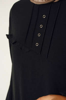 Önü Kuşgözü Yarı Pileli Tunik Siyah - Tunik