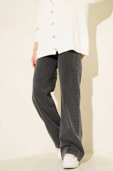 Önü Metal Düğmeli Bol Kot Pantolon Füme - Pantolon