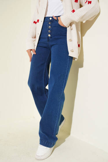 Önü Metal Düğmeli Bol Kot Pantolon Mavi - Pantolon